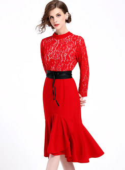 Red Lace Splicing Asymmetric Mermaid Dress
