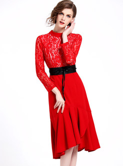 Red Lace Splicing Asymmetric Mermaid Dress
