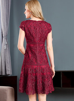 Wine Red Vintage Embroidered A-line Dress