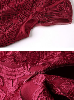 Wine Red Vintage Embroidered A-line Dress