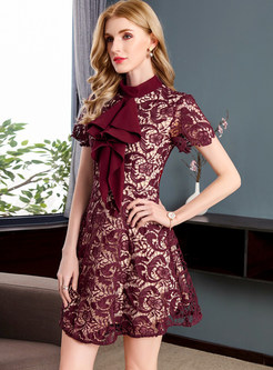 Lace Splicing Short Sleeve A-line Dress
