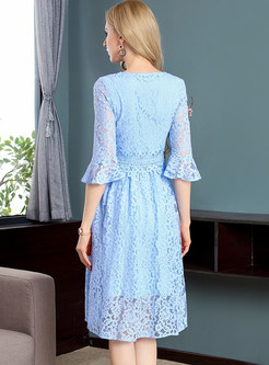 Blue V-neck Hollow Out A-line Dress