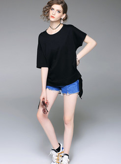 Black Asymmetric Hem Short Sleeve T-shirt