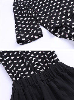 Brief Stitching Print Half Sleeve Skater Dress