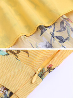 Yellow Floral Print Short Sleeve A-line Dress