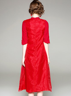 Red Stereoscopic Embroidered Half Sleeve Shift Dress