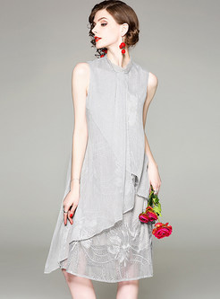 Mesh Embroidered Stand Collar Sleeveless Shift Dress