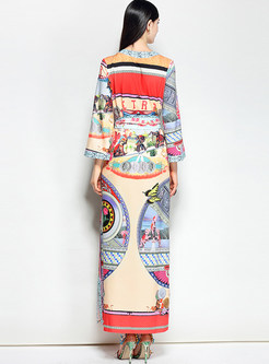 Ethnic Print Belted Maxi Dress