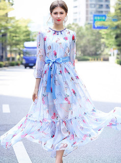 Chiffon Floral Print Belted Maxi Dress