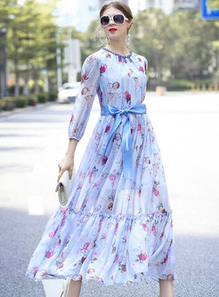 Chiffon Floral Print Belted Maxi Dress