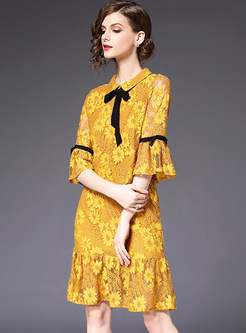Yellow Lace Flare Sleeve Two-piece Outfits