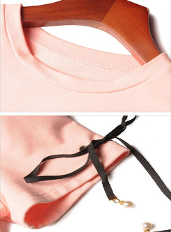 Pink Lacing Short Sleeve T-shirt & Embroidered Denim Skirt