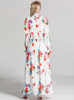 Vintage Floral Print Gathered Waist Maxi Dress