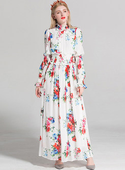 Vintage Floral Print Gathered Waist Maxi Dress