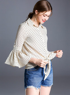 Dot Print Flare Sleeve Bowknot Tied Blouse