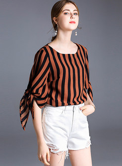 Fashion Striped Loose Bowknot T-shirt