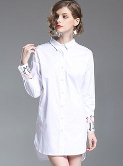 Long Sleeve White Casual Embroidery Shirt Dress