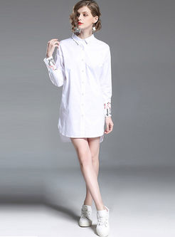 Long Sleeve White Casual Embroidery Shirt Dress