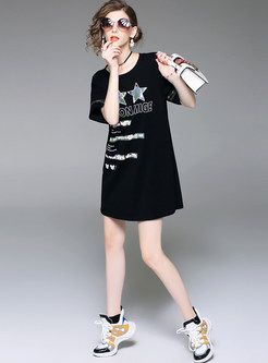 Black Star Letter Pattern Print T-shirt Dress