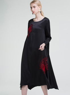 Brief Embroidery Asymmetric Hem Shift Dress