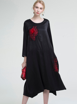 Brief Embroidery Asymmetric Hem Shift Dress