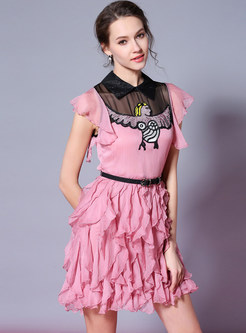 Pink Embroidered Stringy Selvedge A-Line Dress