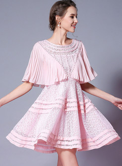 Pink Wrinkle Splicing Skater Dress