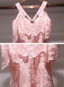 Pink Falbala Embroidered V-neck Skater Dress