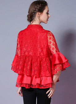 Red Hollow Out Flare Sleeve Blouse