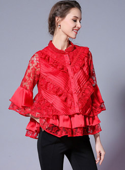 Red Hollow Out Flare Sleeve Blouse