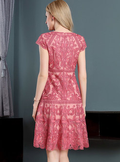 Pink Mesh Embroidered A-line Dress