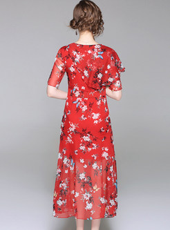 Red Floral Print A-line Dress