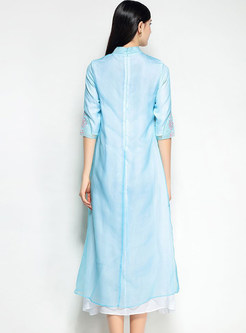 Blue Stand Collar Improved Cheongsam Dress
