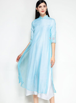 Blue Stand Collar Improved Cheongsam Dress
