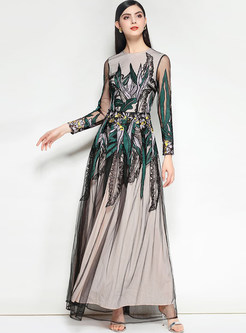 Black Mesh Splicing Embroidered Maxi Dress