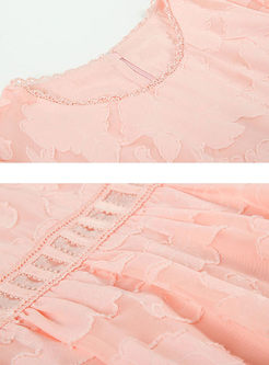 Cute Flounced Pink Gathered Waist Skater Dress