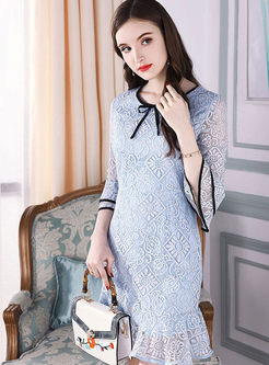 Blue Falbala Lace Bowknot A-line Dress