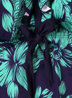 Sweet V-neck Bowknot Flower Print Swimwear