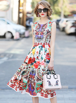 Street Floral Print Sleeveless A-line Dress