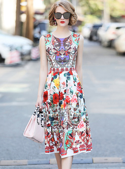Street Floral Print Sleeveless A-line Dress