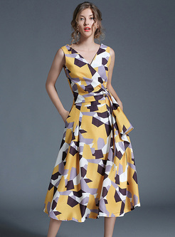 Street Geometric Color-blocked Print Dress