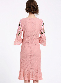Pink Embroidered Lace Bodycon Mermaid Dress
