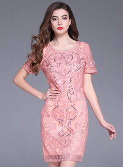 Pink Embroidered Short Sleeve Bodycon Dress