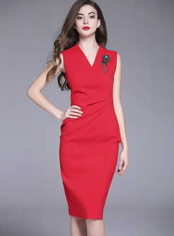 Red V-neck Nail Bead Bodycon Dress