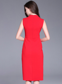 Red V-neck Nail Bead Bodycon Dress