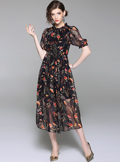 Floral Print Short Sleeve Chiffon Dress