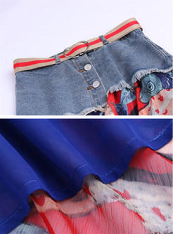 Stylish Color-blocked Print Splicing Skirt