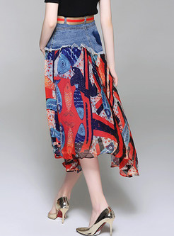 Stylish Color-blocked Print Splicing Skirt