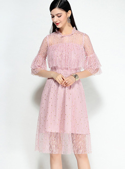Pink Flare Sleeve Lace Skater Dress