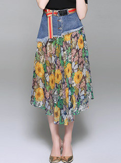Fashion Denim Splicing Asymmetric Skirt